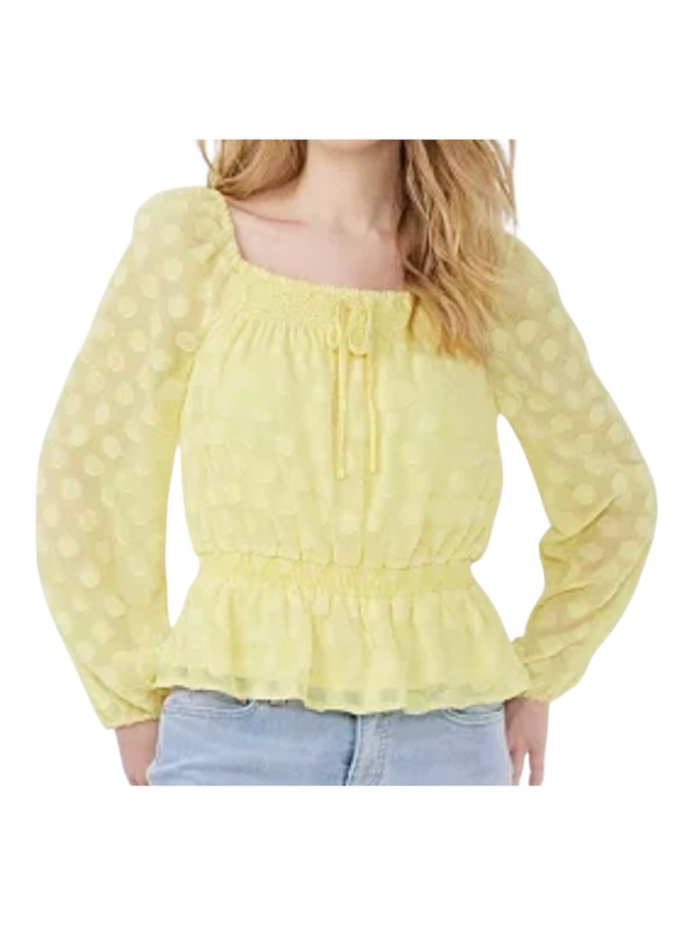 LC Lauren Conrad Square Neck Pale Yellow Swiss Dot Peplum Long Sleeve Top Size M